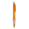 An orange plastic pen with a transparent barrel and a white grip, featuring a clip and branding.