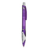 A purple plastic pen featuring a silver clip and white grip, with a logo on the barrel.