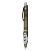 A plastic pen in dark grey with a white grip and a silver clip. The pen features a logo.