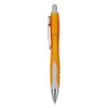 An orange plastic pen with a white grip and silver clip, featuring a rounded design and a metal tip.