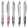 Five plastic pens in white with assorted coloured grips—orange, blue, purple, and grey, featuring a logo.