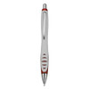 A plastic pen featuring a white and red design with a chrome clip and accents. It includes a logo.
