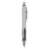 A plastic pen in white and grey with a silver clip and a logo on the side.