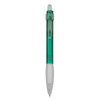 A green plastic pen with a clear barrel and a white grip section. The pen has a push-button mechanism and a branding logo.