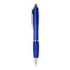 A blue plastic pen with a shiny clip and silver accents. The pen has a smooth, ergonomic grip.