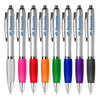 A selection of plastic pens in silver, pink, orange, green, blue, and purple, featuring a logo on each.
