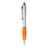 A plastic pen featuring a silver barrel and an orange grip, with a clip and branding detail.