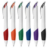 A selection of six plastic pens featuring white barrels with coloured grips: red, orange, green, blue, purple, and black.