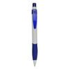 A plastic pen in white and blue with a grip section and a clip. It features a logo on the body.