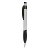 A plastic pen in white and black, featuring a secure clip and textured grip. It has a logo on the barrel.