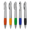A set of five plastic pens featuring silver bodies and coloured grips in orange, yellow, green, blue, and black.