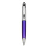 A purple plastic pen with a shiny silver clip and tip, featuring a branded logo.