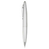 A silver plastic pen with a sleek design, featuring a clip and a branding logo.