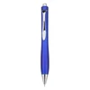 A blue plastic pen with a sleek design and a silver clip. The pen features a shiny tip.