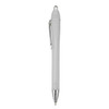 A plastic pen in white with silver accents and a clip. The pen features a smooth, sleek design.