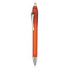 An orange plastic pen with a silver clip and a shiny tip, featuring a logo on the barrel.