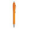 An orange plastic pen with a silver clip and a glossy finish. It has a logo on the barrel.