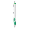 A plastic pen in white with green accents and a silver clip, featuring a logo on the body.
