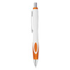 A plastic pen in white with orange accents and a silver clip, featuring a logo on its surface.