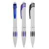 Three plastic pens in white with blue, purple, and black accents, featuring a logo on each pen.