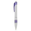 A plastic pen in white with purple accents and a logo. It features a click mechanism and grip sections.