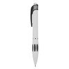 A plastic pen in white with black accents and grip features. It has a clip and a shiny silver band.