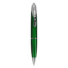 A green plastic pen with a shiny silver clip and accents, featuring a logo on its body.