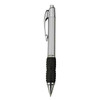 A silver plastic pen with a black rubber grip and a clip. It has a sleek design and features a logo.