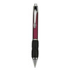 A plastic pen featuring a purple barrel, chrome accents, and a black rubber grip. The pen has a logo on it.