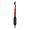 A plastic pen with a red barrel, chrome accents, and a black rubber grip. It features a logo.