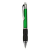 A green plastic pen with a black grip and a silver clip. It features a logo on the barrel.