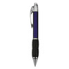 A plastic pen in a vibrant purple colour with a black rubber grip and chrome accents. It features a logo.