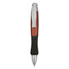 A plastic pen in red and black, featuring a silver clip and a textured grip for comfort.