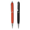 Two plastic pens are displayed: one in red and the other in black, both featuring silver detailing and a logo.
