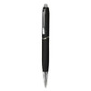 A sleek black plastic pen with chrome accents and a smooth, refined design. It features a logo on the barrel.