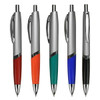 A selection of five plastic pens in red, orange, teal, blue, and black, featuring silver accents and a branding logo.