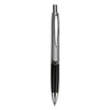 A plastic pen featuring a chrome and black design, with a sleek, modern aesthetic and a logo.