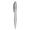 A plastic pen in silver and transparent, featuring a clip and a push-button mechanism. It has a logo on the barrel.