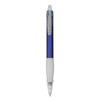 A blue plastic pen with a white grip and a clear cap. The pen features branding on the barrel.