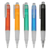 A set of plastic pens in orange, yellow, green, blue, and black, featuring transparent grips and clips.