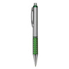 A plastic pen with a silver barrel and green grip featuring a dotted design. It includes a metal clip and ballpoint tip.