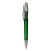 A green plastic pen with a clear cap and a silver metal tip, featuring a logo on its body.