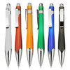 A collection of six plastic pens in white, orange, green, blue, red, and black, featuring chrome accents and a logo.