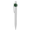 A plastic pen in white with a green accent and clip, featuring a logo on the barrel.