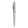 A plastic pen with a silver body and a transparent grip, featuring a clip and a logo.