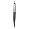 A plastic pen in black with a shiny silver clip and tip, featuring a branding logo.