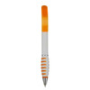 A plastic pen featuring a white body with an orange grip and cap, complemented by a silver trim. Includes a logo.