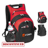 A red and black deluxe computer backpack features multiple pockets and a side mesh pocket for a drink bottle. It has a logo.