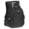 A black deluxe computer backpack with multiple zippered compartments and adjustable straps. Features a logo.