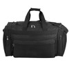 A black duffle bag with multiple zippered compartments and sturdy handles, featuring a shoulder strap and a logo.